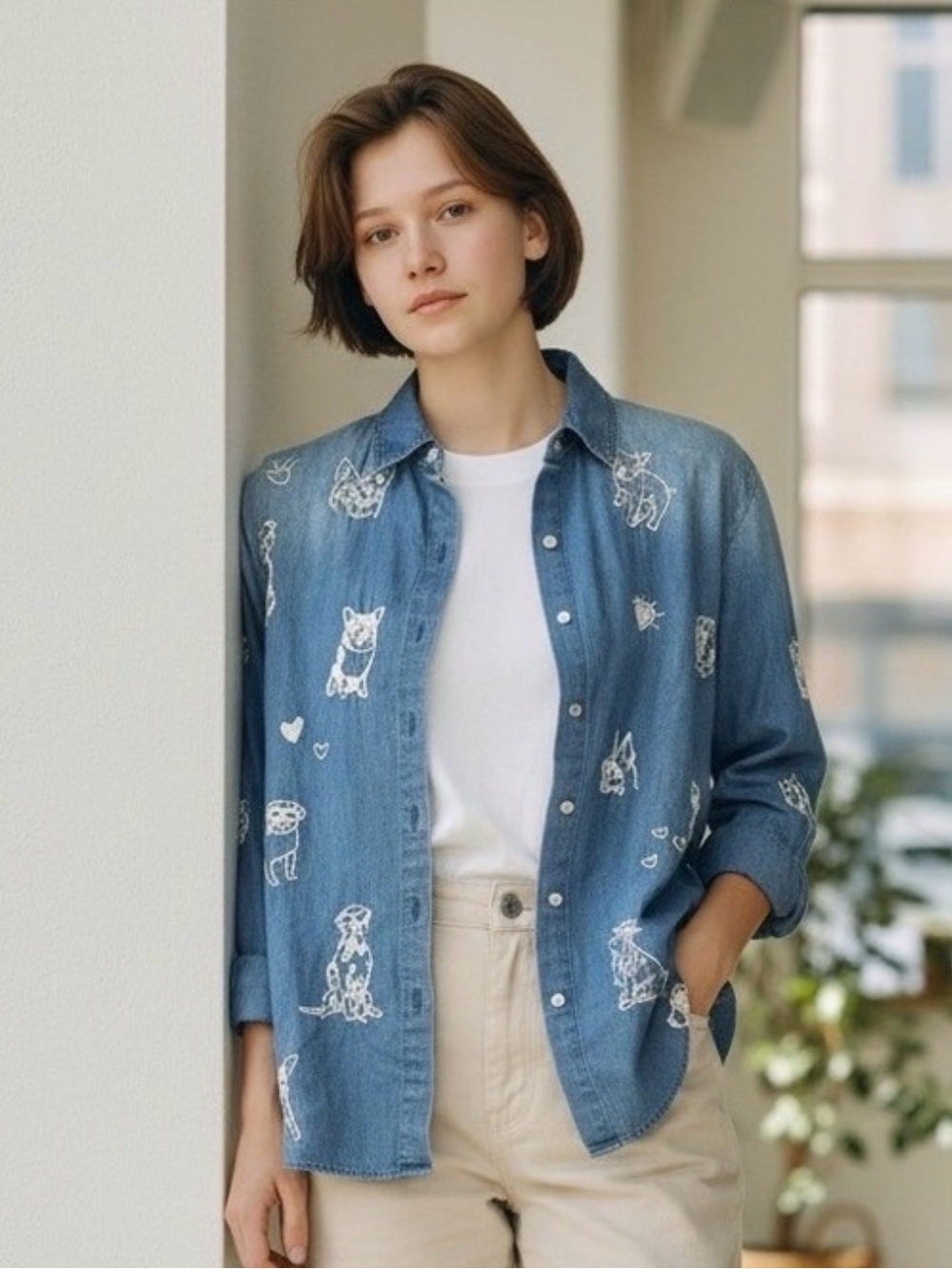 JOHNNY WAS Workshop For Dog Lovers Only Denim Shirt XS 20.5” p2p Blue $255